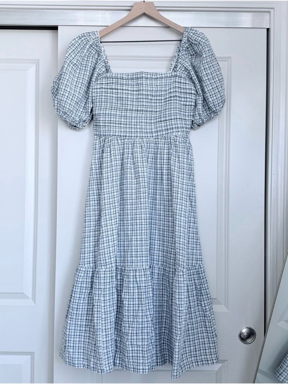 NWT Abercrombie & Fitch Emerson Linen-Blend Puff Sleeve Midi Dress in Blue Plaid